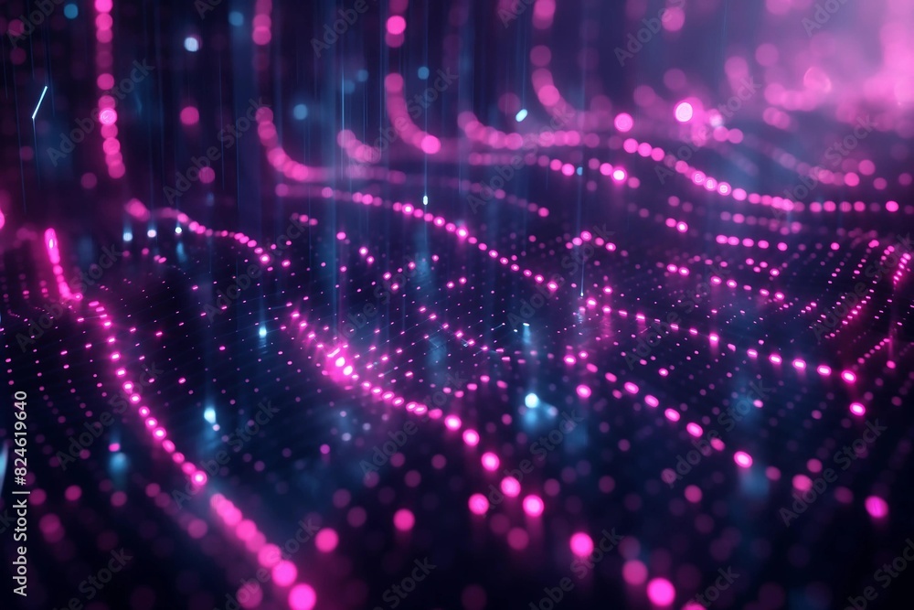 Poster abstract visualization of digital waveform with glowing pink and blue lights representing data flow 