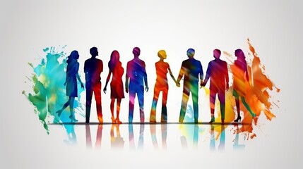 Cooperation between groups of people. Strategy solution and success. Concept teamwork. Speech among people. Young people who work well together. Association of people. Silhouette of colored profile