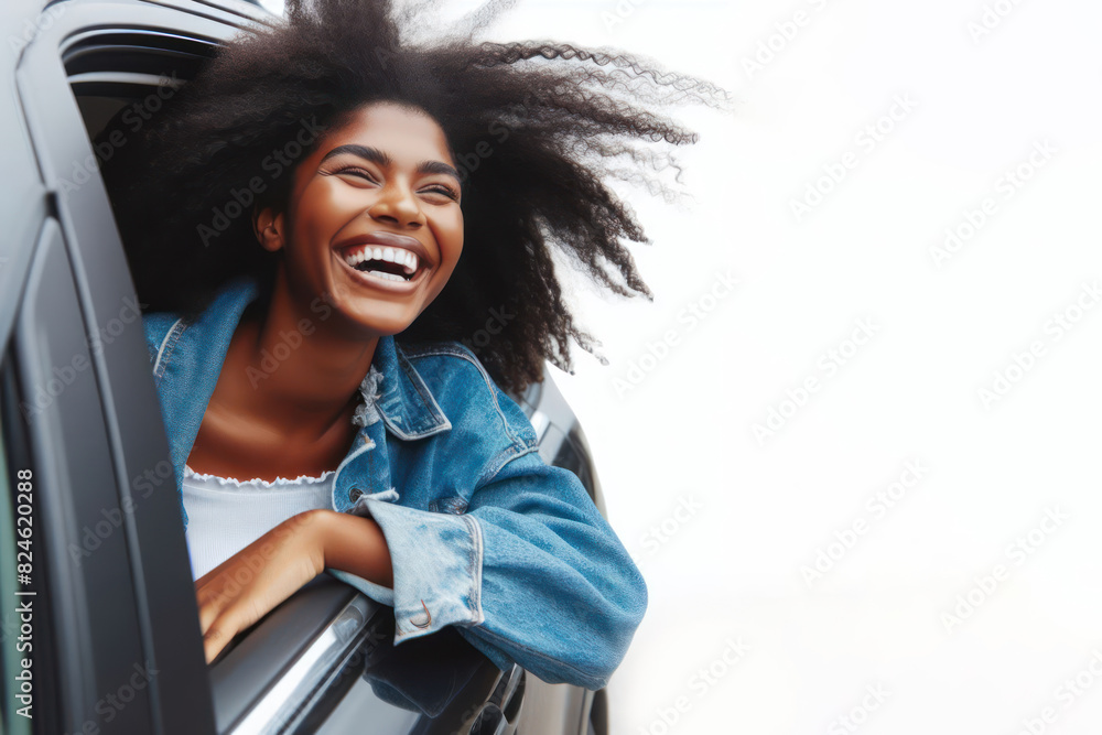 Wall mural happy woman with head out of the car window having fun isolated on white background copy space - Wall murals