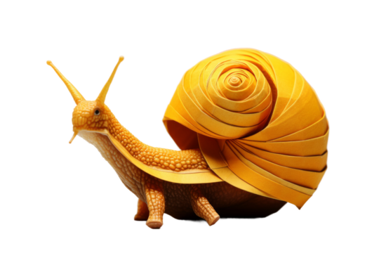 The Golden Swirl: A Yellow Snail in Its Spiral Shell on a White or Clear Surface PNG Transparent Background.