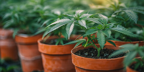 Fototapeta premium Growing cannabis plants in pots in a greenhouse. Cannabis cultivation concept