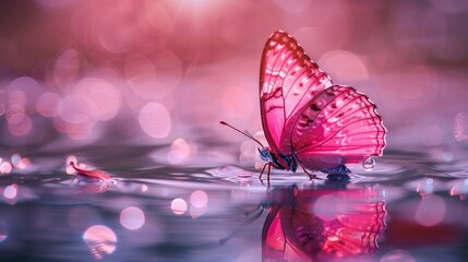Pink butterfly over water, close-up shot highlighting its intricate details and beautiful reflections, perfect for advertising, isolated background