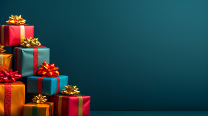 Colorful gift boxes on dark blue background with copy space for text