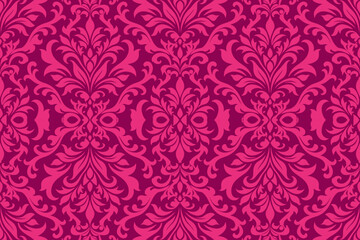 Vintage Floral Seamless Pattern with Pink Damask and Baroque Ornaments