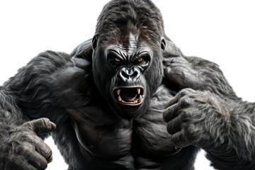 Majestic Gorilla Asserts Dominance With Hands on Hips and Open Mouth on a White or Clear Surface PNG Transparent Background.