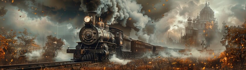 Naklejka premium A vintage steam locomotive travels through an autumn landscape, producing plumes of smoke under a dramatic, cloudy sky.