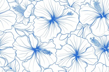 Seamless Blue Outline Hibiscus Flowers
