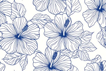 Seamless Blue Outline Hibiscus Flowers
