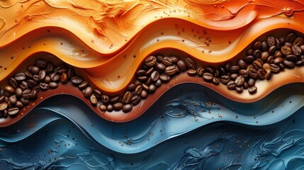 This image displays an artistic composition with coffee beans set against colorful wavy patterns, symbolizing energy and motion