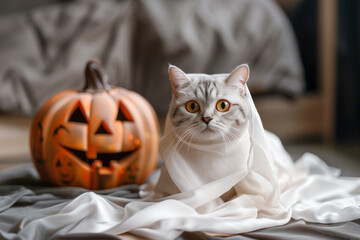 Halloween cat in a ghost costume.