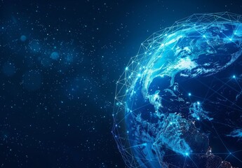 Abstract digital illustration of earth with a blue global network, symbolizing worldwide connectivity