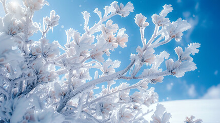 Frost and snow covered tree on a sunny winter day.