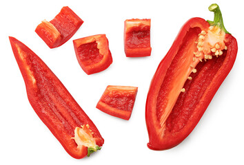 cut slices of red sweet bell pepper isolated on white background. clipping path