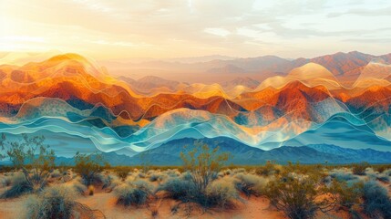 Diamond barrel trees, close up, focus on, copy space, bright foliage, double exposure silhouette with desert landscape