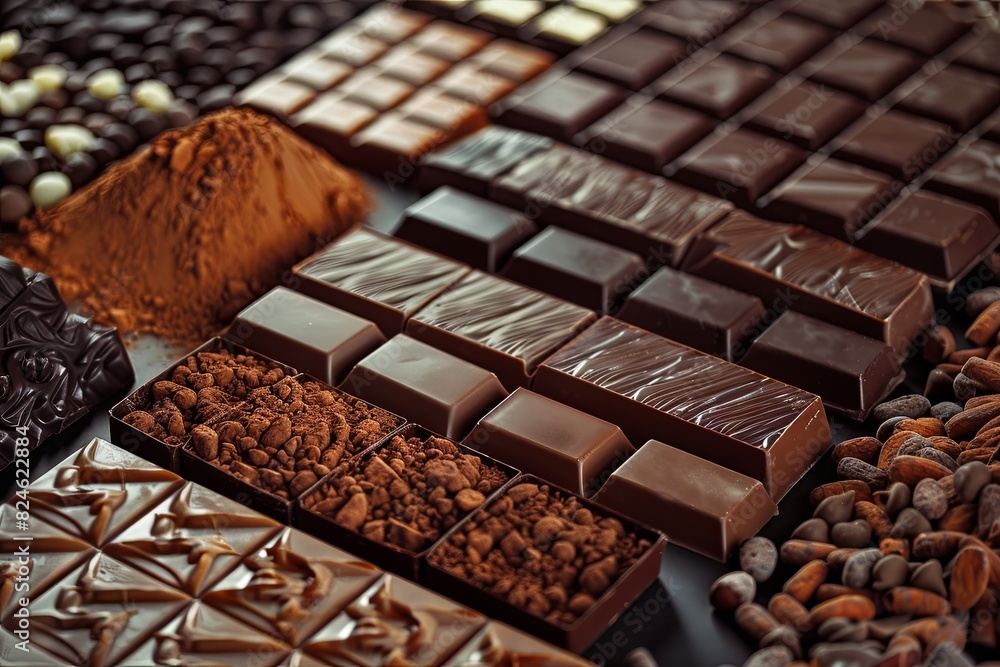 Aufkleber Various types of chocolate bars neatly arranged on a table, showcasing a wide range of flavors and types. Generative AI