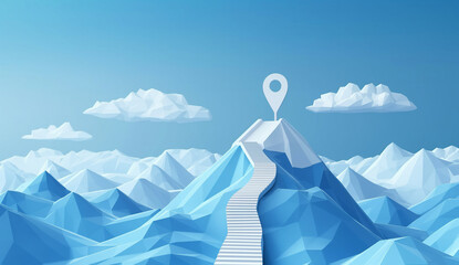 the top with stairs on mountain peak and location mark pin point arrow line