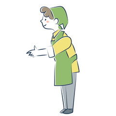 手を差し出しているエプロンと三角巾を着けた女性