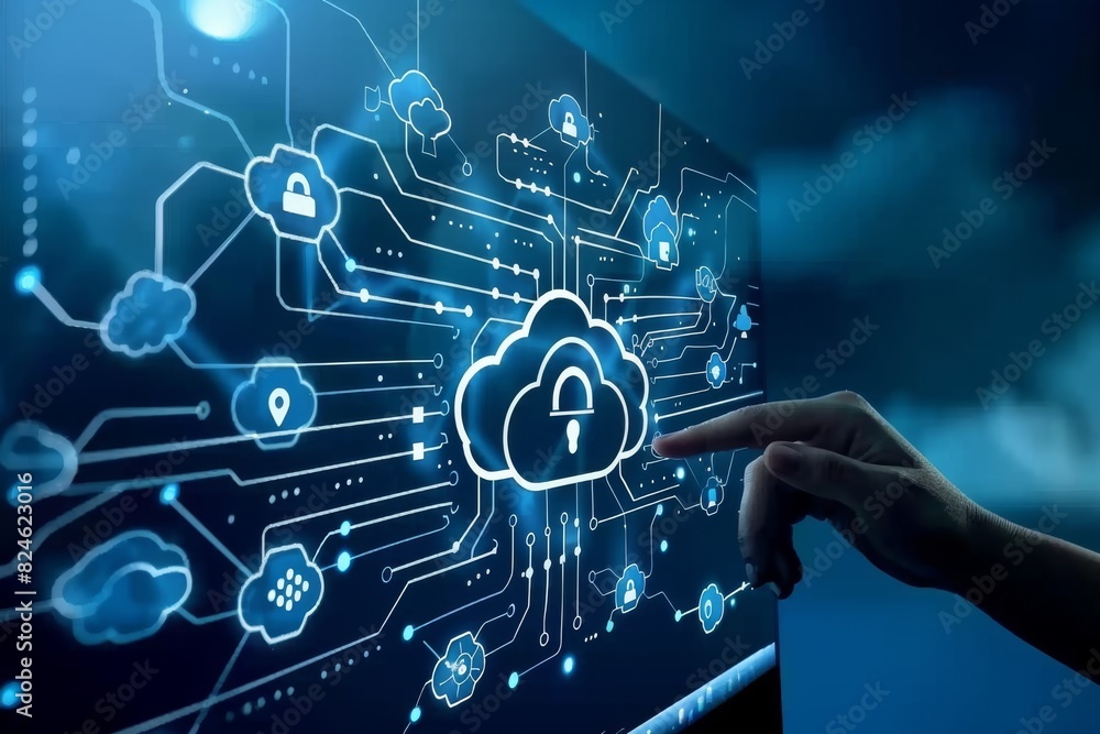 Poster hand inserting glowing lock on blue circuit board emphasizes data security in technology