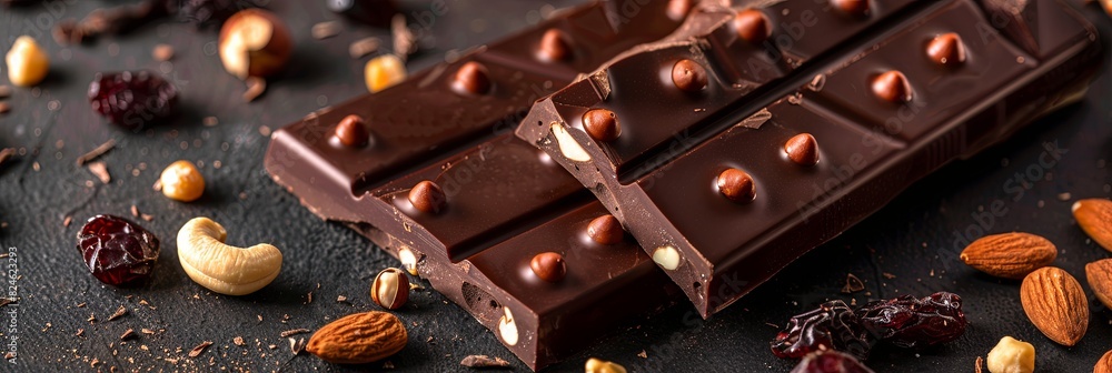 Poster A chocolate bar with nuts and cranberries on a textured surface. Generative AI