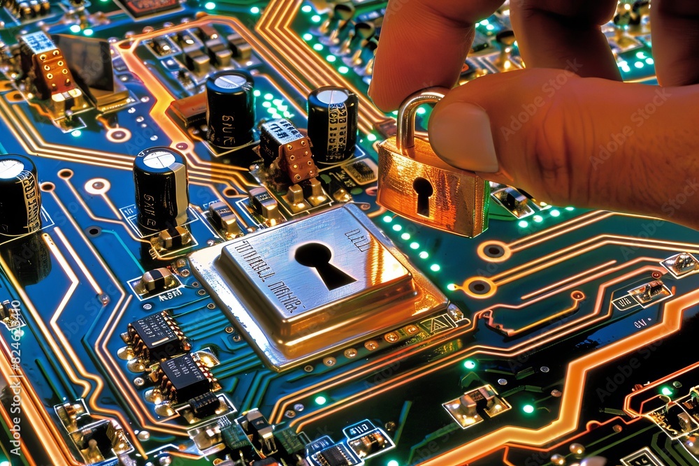 Poster hand pointing to glowing lock on digital interface highlights data protection
