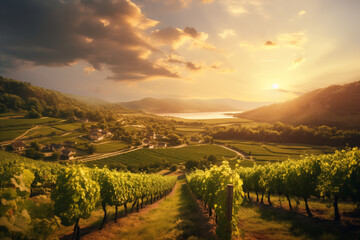 Obraz premium Romantic vineyards in France and Italy at sunset, energetic vibe. Generative AI tools