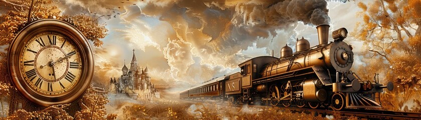 Obraz premium Vintage steam train in motion through autumn countryside, watched by a large ornate clock. Inspirational, nostalgic travel scene.