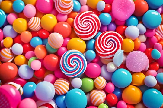 Flat lay of various colorful candies background, Mixed collection, AI Generative