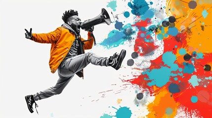 Obraz premium A man jumps energetically in the air, holding a megaphone. The picture exudes energy and enthusiasm. Generative AI