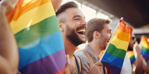 young lgbt couple happiness and love cover with rainbow flag