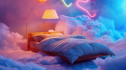 Dreamy Neon Cloud Bedroom: An image of an illustrative bedroom bathed in soft neon lights of various colors, creating a dreamy atmosphere. - Powered by Adobe