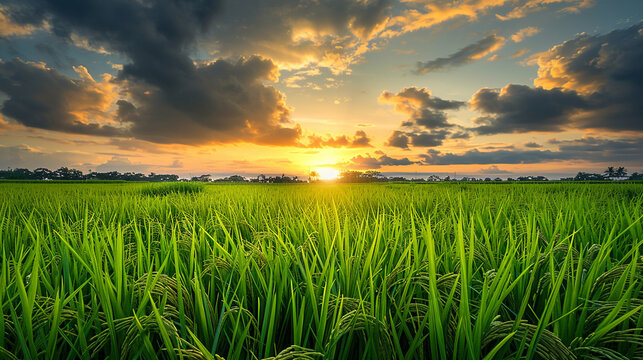 Green rice fild with evening sky.