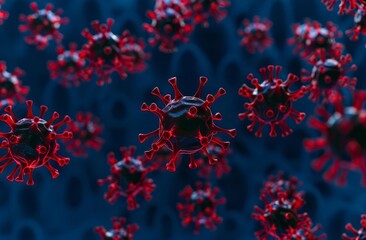 Red virus floating in blue background, closeup view of red chrome sizedviruses on dark blue background