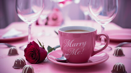 cute coffee or tea mug with loving message "Marry Me!" with chocolate bombons and red roses, love declaration and marriage proposal idea