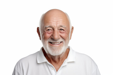 Obraz premium Smiling senior white man on white background. Topics related to old age. American. French. Retirement home. Retirement. Image for Graphic Designer. Senior residence. AI.