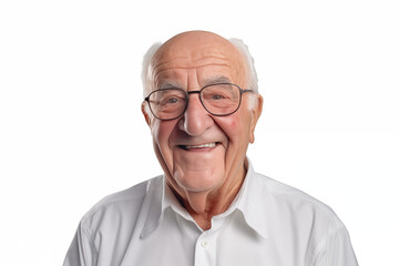 Obraz premium Smiling senior white man on white background. Topics related to old age. American. French. Retirement home. Retirement. Image for Graphic Designer. Senior residence. AI.