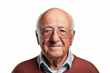 Smiling senior white man on white background. Topics related to old age. American. French. Retirement home. Retirement. Image for Graphic Designer. Senior residence. AI.