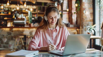 Woman Working Remotely at Cafe