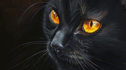 Realistic painting of a black cat with striking yellow eyes, detailed fur texture, isolated background, suitable for various design projects, captivating gaze