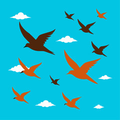 Flock of flying birds vector silhouette, white background