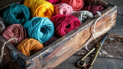 Rustic wooden box packed with vibrant yarn skeins and scissors, ideal for crafting and knitting projects, detailed close-up shot, studio lighting