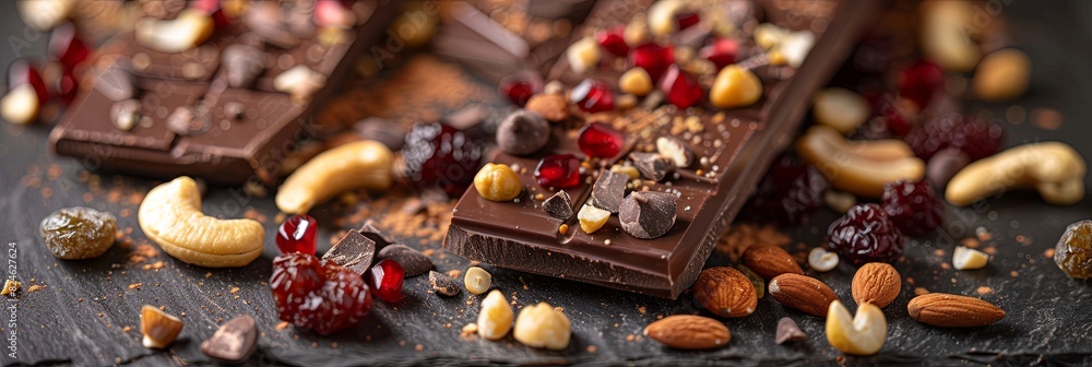 Poster detailed close up of a chocolate bar loaded with nuts and cranberries, showcasing rich textures and 