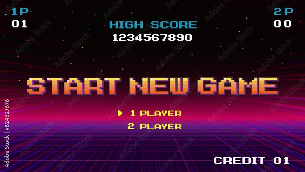 Aufkleber start new game play .synthwave wireframe net illustration. pixel art .8 bit game. retro game. for ga