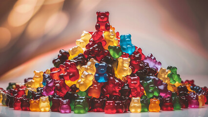 pile of colorful gummy bears, concept of addiction to sugar, dopamine, candy lover and mass sugar consumption