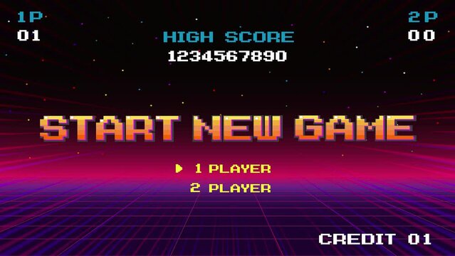 START NEW GAME play .Synthwave wireframe net illustration. pixel art .8 bit game. retro game. for game assets .Retro Futurism Sci-Fi Background. glowing neon grid. and stars.