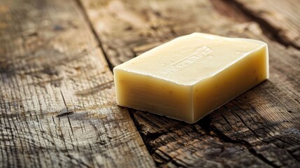 Soap bar resting on a natural wooden surface, emphasizing cleanliness and hygiene, captured with studio lighting for advertising purposes