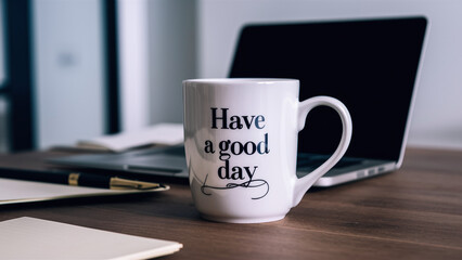 white coffee mug with positive message "have a good day" on deskt at office workspace, monday motivation