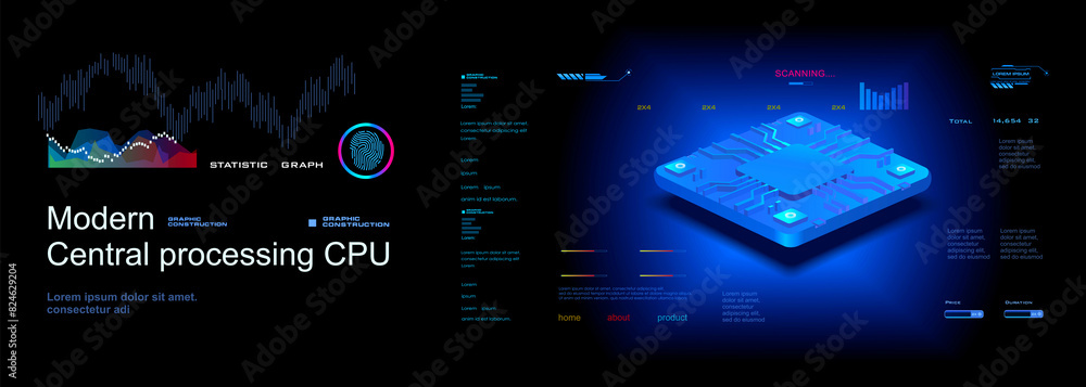 Poster powerful computer processor. the central processor in axonometric projection. presentation of the ne