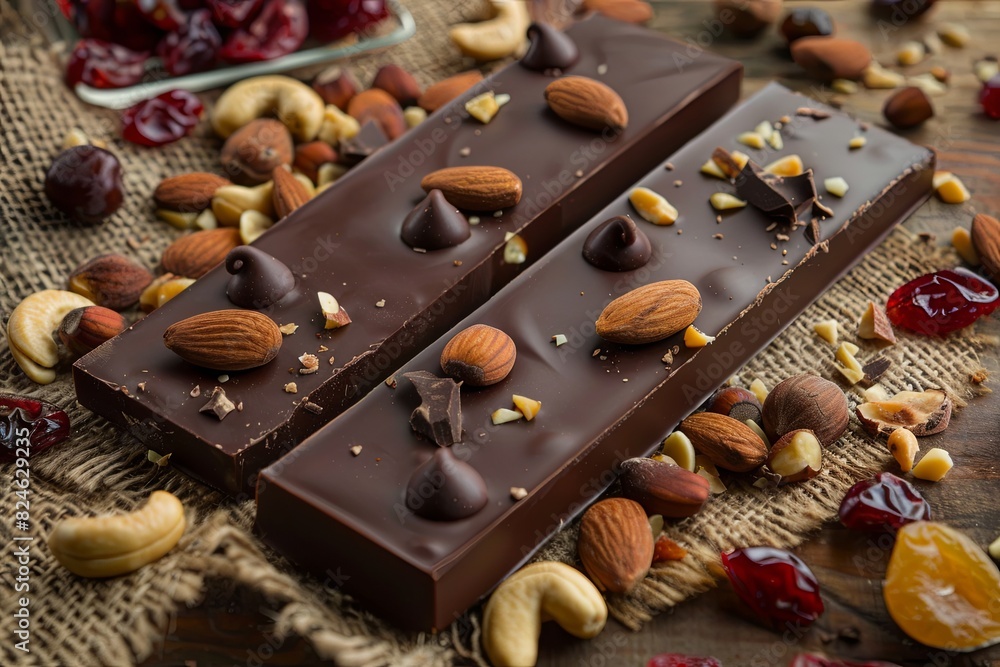 Poster two pieces of chocolate with nuts and dried cherries on a table. generative ai