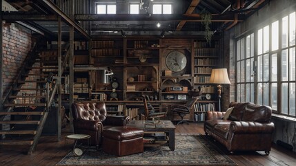 Industrial Styled Living Room with Vintage Furniture. Interior Design Background.