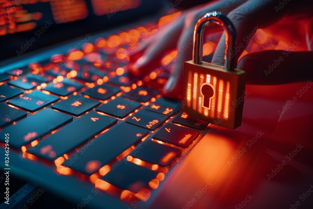 Aufkleber hands on illuminated keyboard with secure padlock symbol